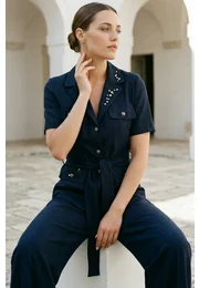 Pantalon drept cu buzunare din in natur navy