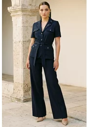 Pantalon drept cu buzunare din in natur navy