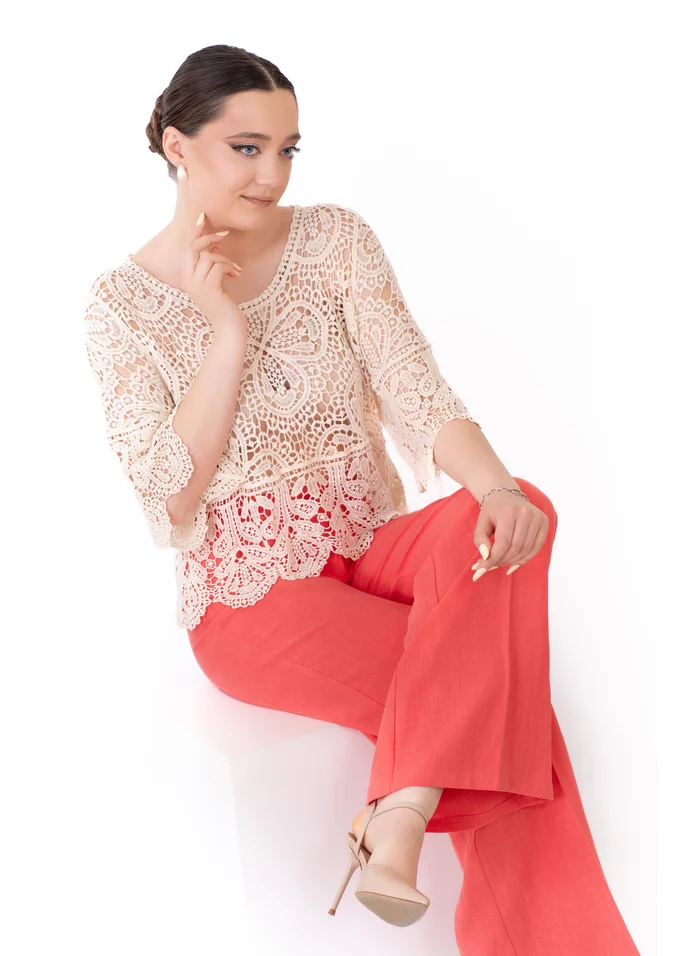 Pantalon drept din in coral fiesta