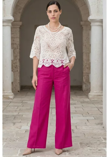 Pantalon drept din in festival fucsia