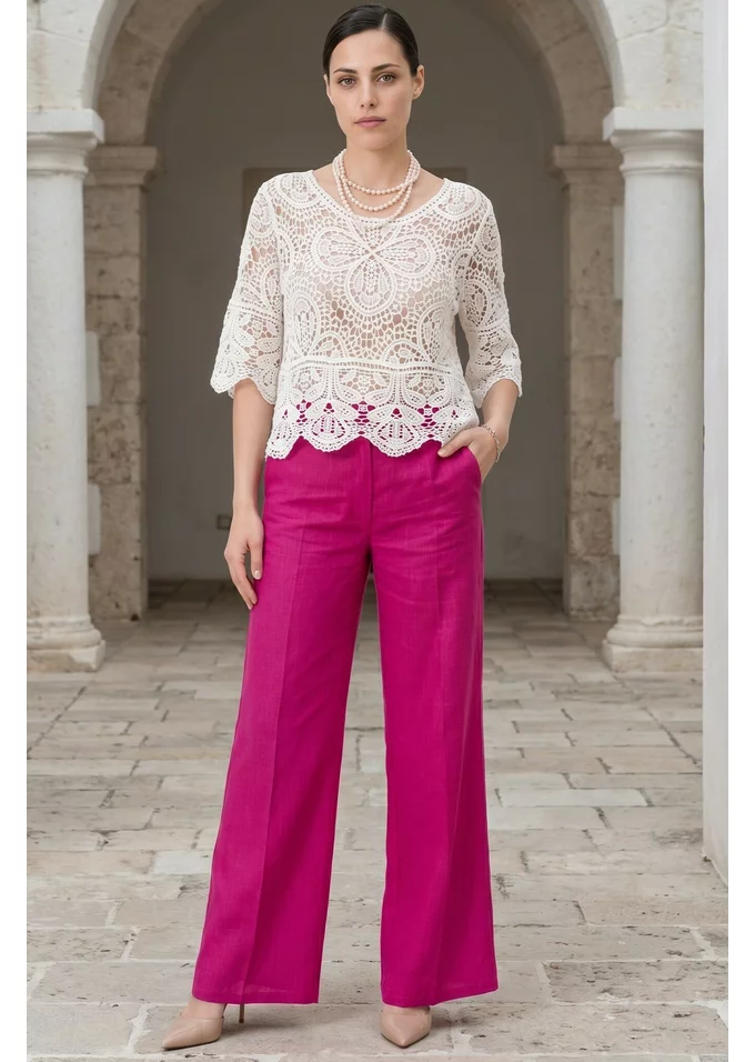 Pantalon drept din in festival fucsia