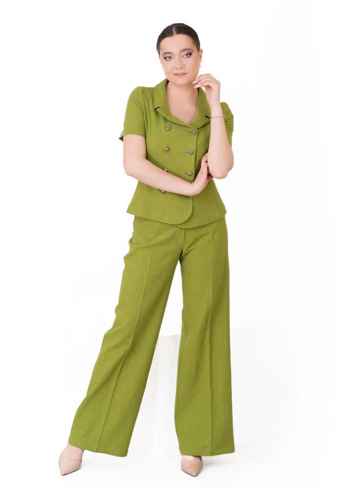 Pantalon drept din in verde pesto