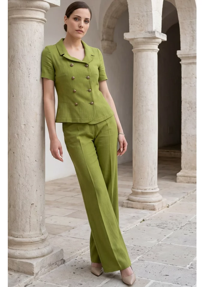 Pantalon drept din in verde pesto