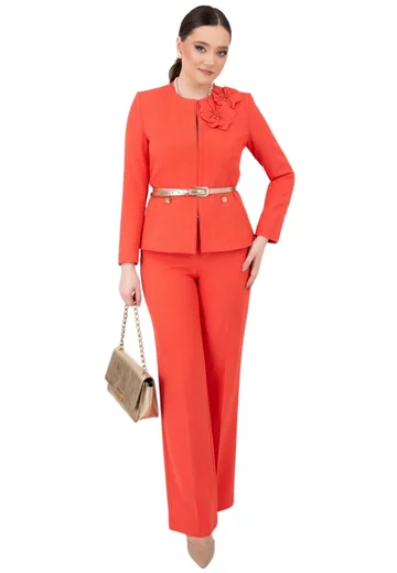 Pantalon drept vibrant coral din stofa usor melanjata