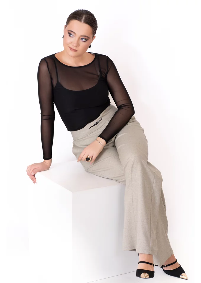 Pantalon green glacier din stofa pepit cu detaliu fin din pietre