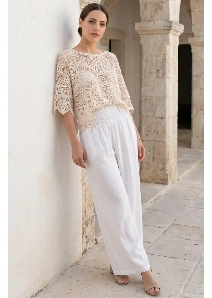 Pantalon larg cu talie elasticizata din in alb