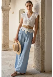 Pantalon larg cu talie elasticizata din in bleu