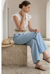 Pantalon larg cu talie elasticizata din in bleu