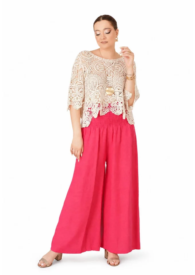 Pantalon larg cu talie elasticizata din in fucsia