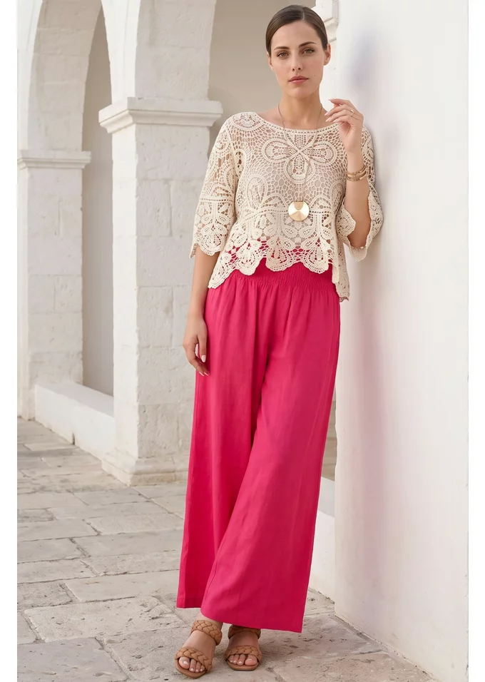 Pantalon larg cu talie elasticizata din in fucsia