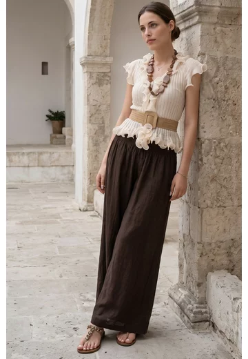Pantalon larg cu talie elasticizata din in maro