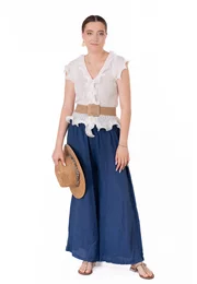 Pantalon larg cu talie elasticizata din in navy
