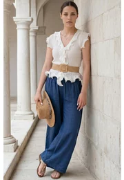 Pantalon larg cu talie elasticizata din in navy