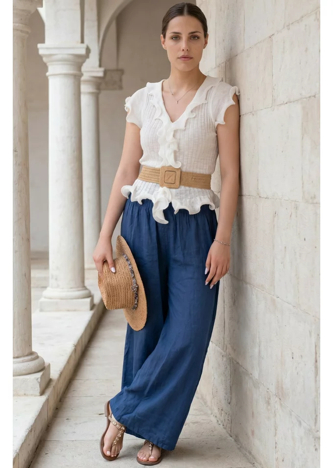 Pantalon larg cu talie elasticizata din in navy