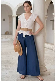 Pantalon larg cu talie elasticizata din in navy