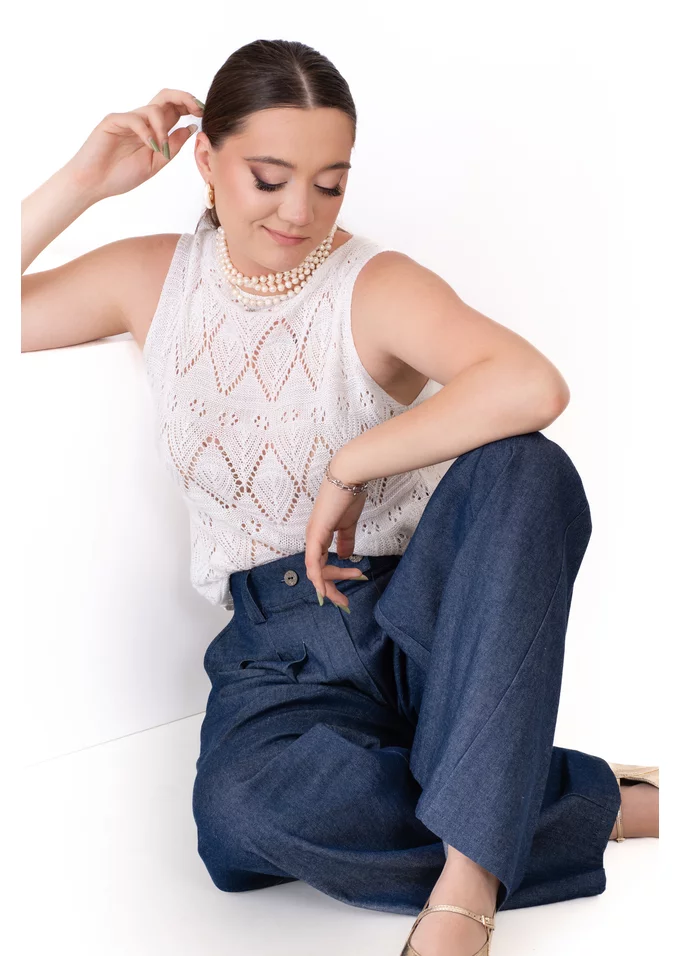 Pantalon larg de vara  cu pliuri din denim