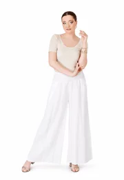 Pantalon lejer din in alb cu talie elasticizata