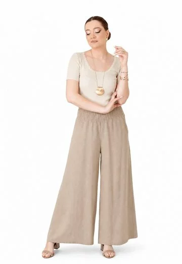 Pantalon lejer din in bej cu talie elasticizata