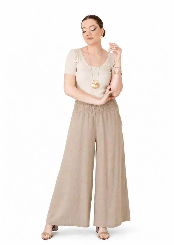 Pantalon lejer din in bej cu talie elasticizata
