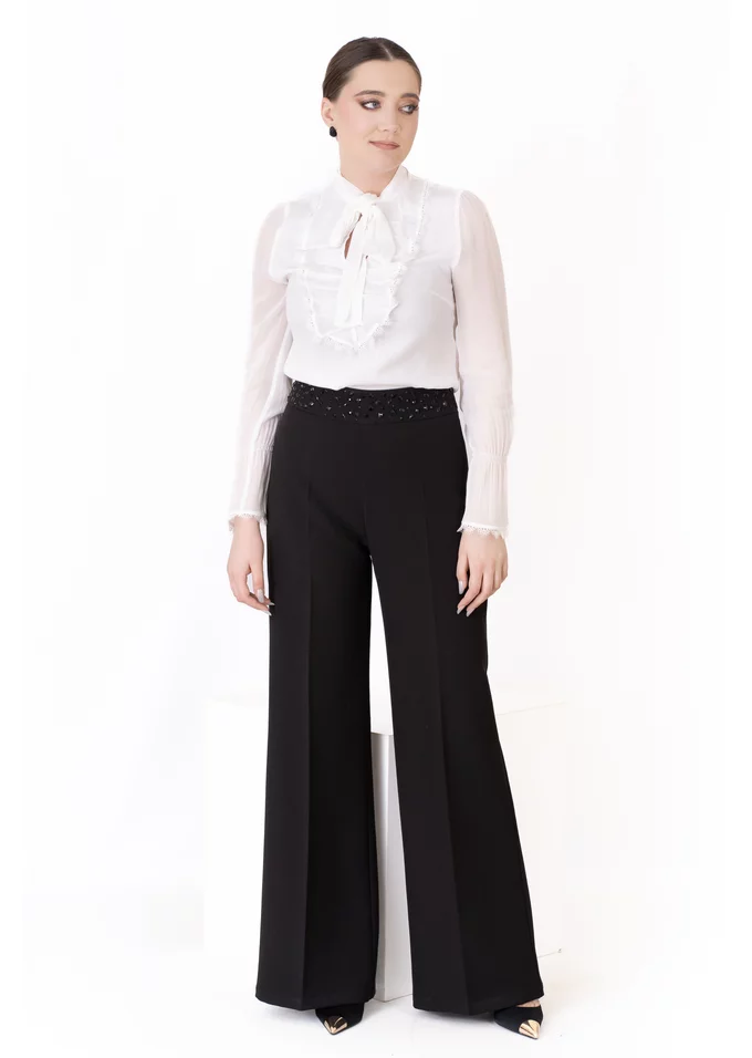 Pantalon palazzo accesorizat cu centura din pietre si strasuri din stofa premium
