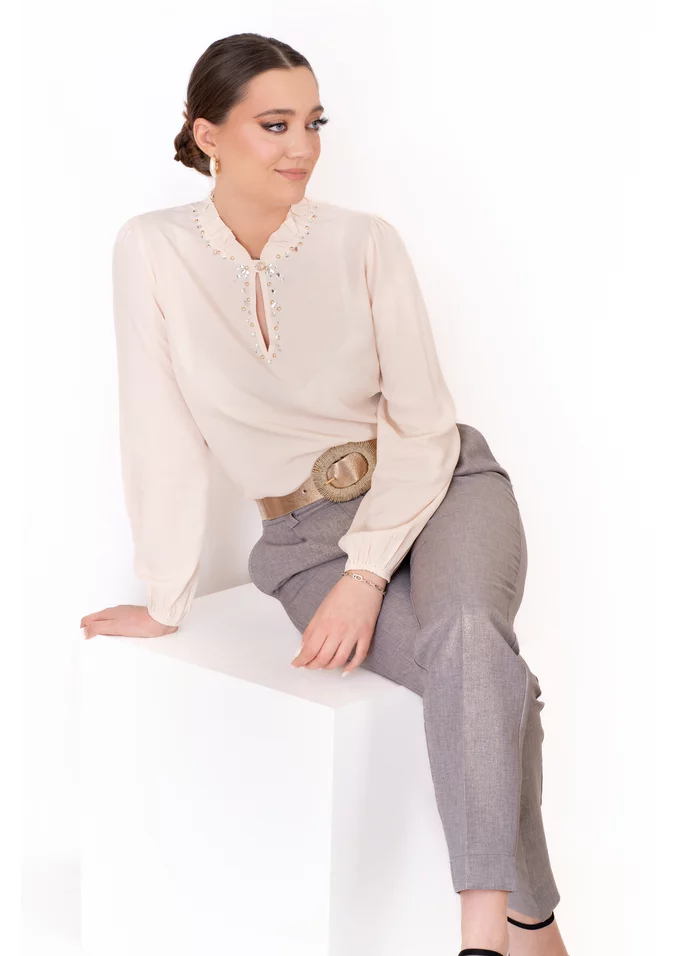 Pantalon soft gold office din stofa peliculizata