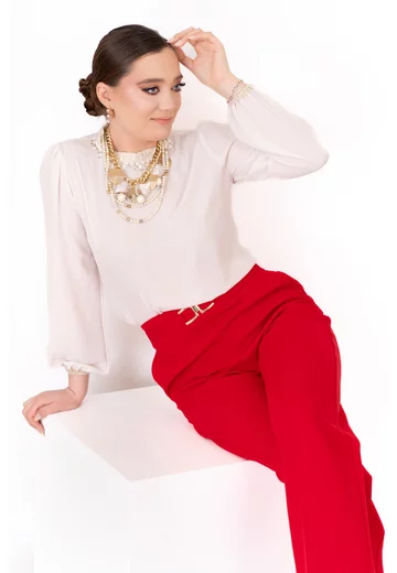 Pantaloni palazzo divine red cu catarama