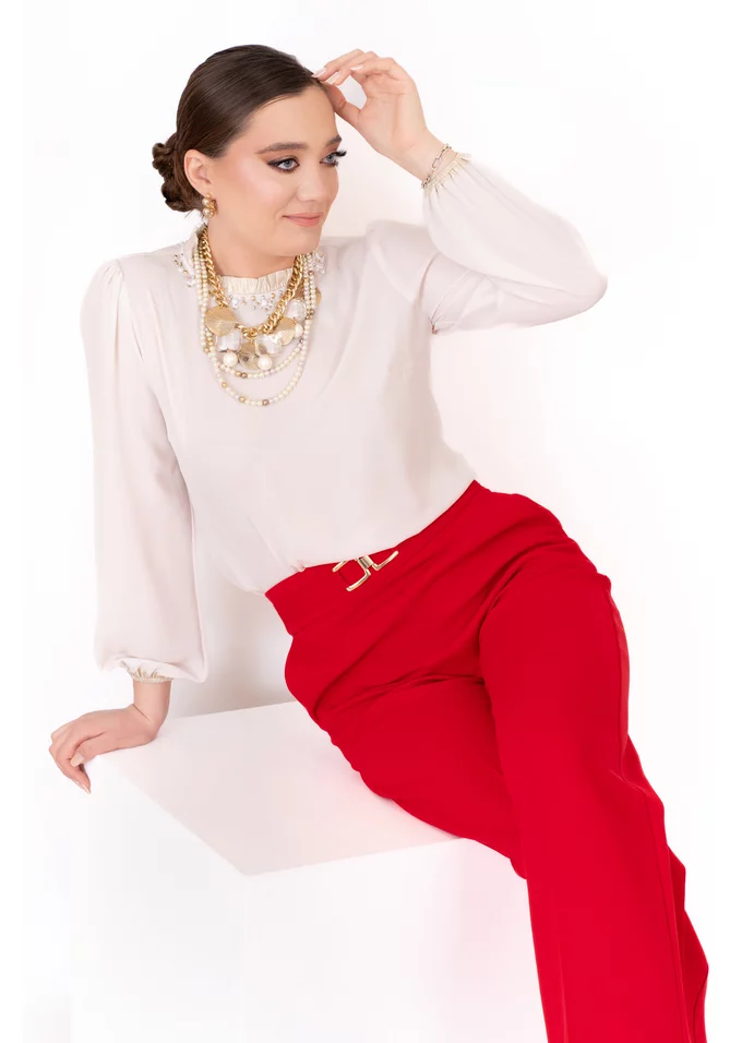 Pantaloni palazzo divine red cu catarama