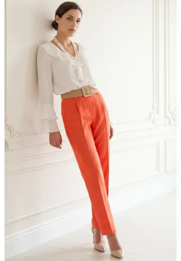Pantalon business vibrant coral din stofa usor melanjata