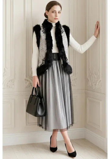 Vesta eleganta din tweed silver cream cu broderie si contur din blana