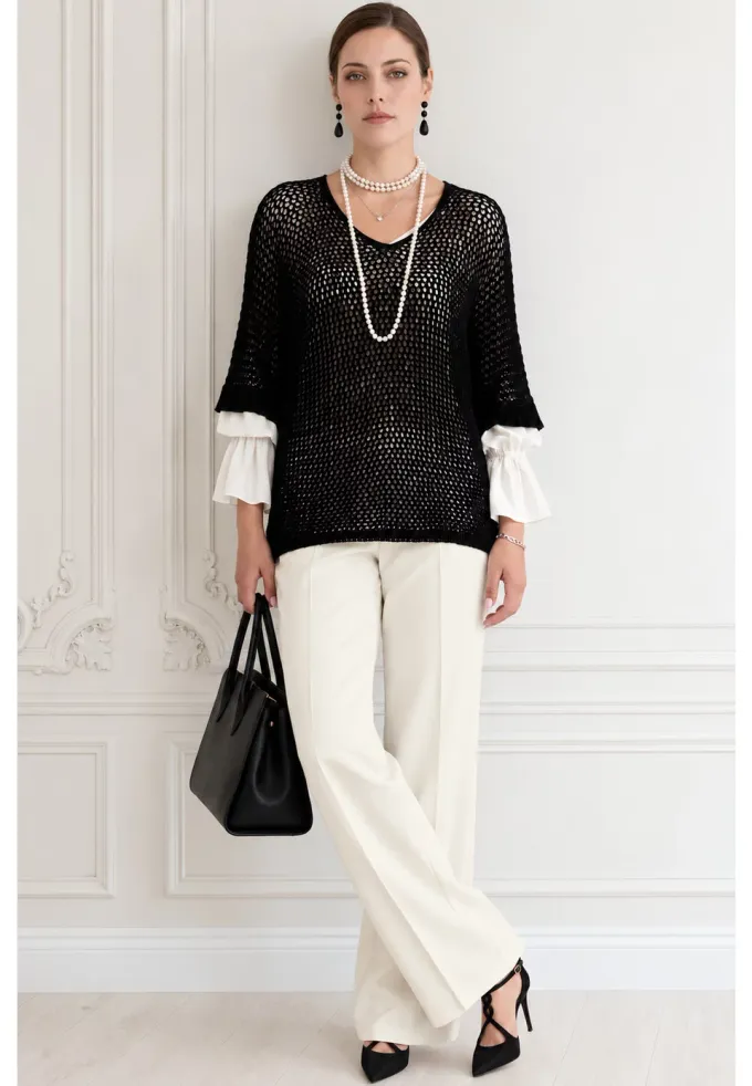 Bluza crosetata din macrame negru cu fir lurex