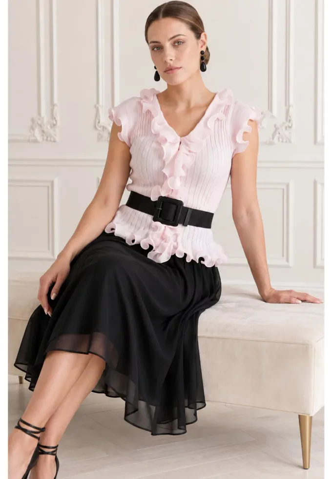 Bluza roz pudra cu volane decorative