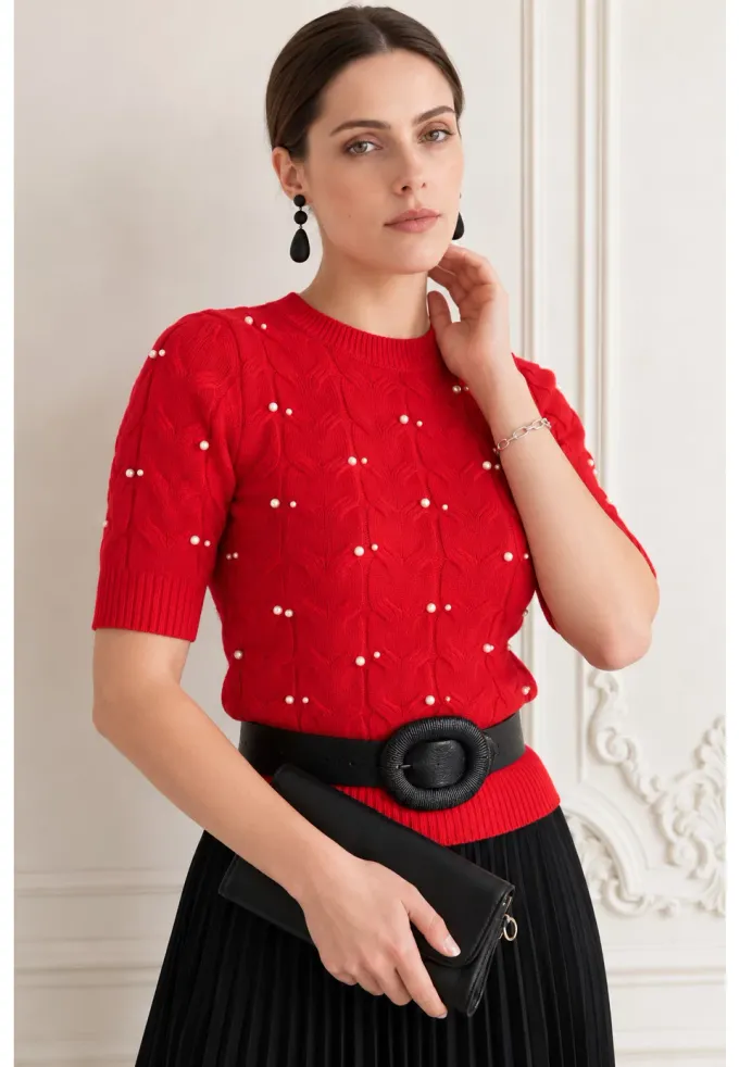 Bluza tricotata rosie cu maneca scurta si perle