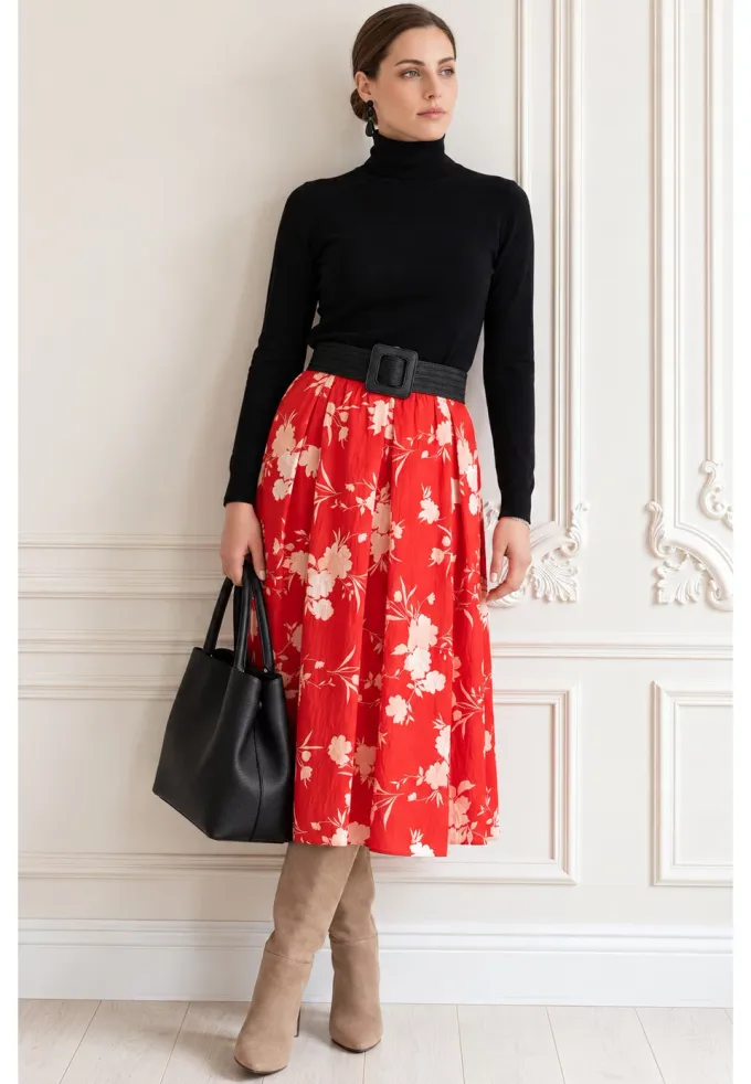 Fusta absolute red rosu mac cu pliuri