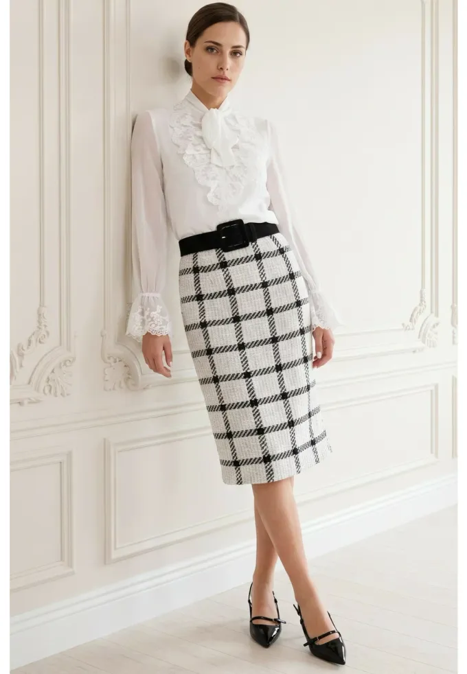 Fusta conica sweet cream din tweed