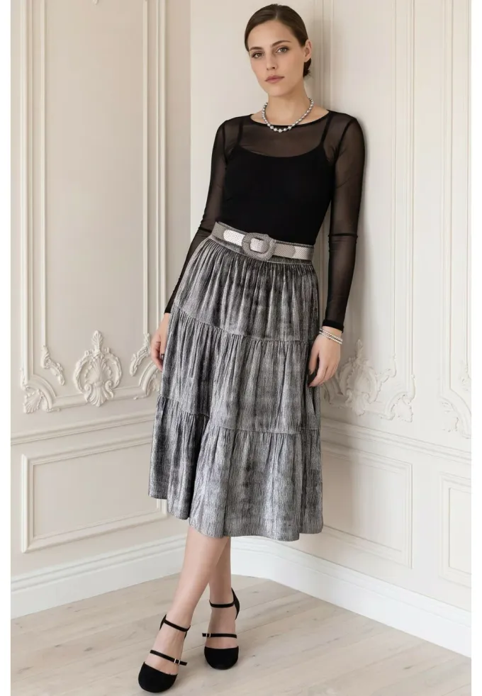 Fusta din catifea cu matase velvet silver cu dungi fine in volane