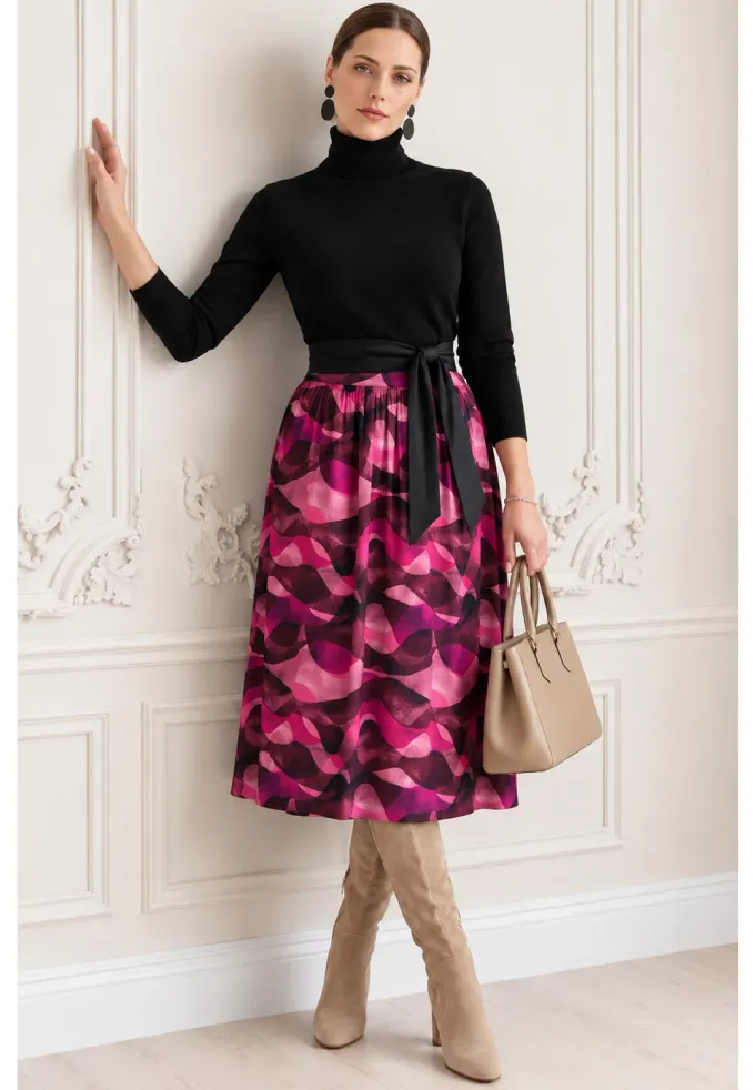 Fusta din  vascoza cu print abstract fuchsia mirage