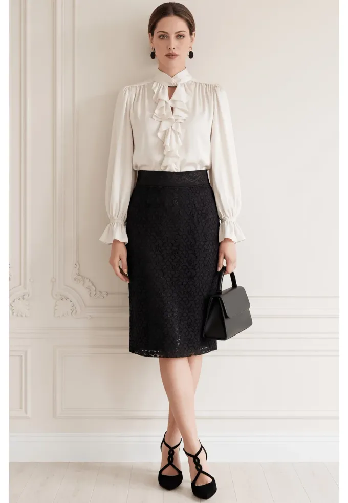 Fusta lace noir din dantela macrame ghipur