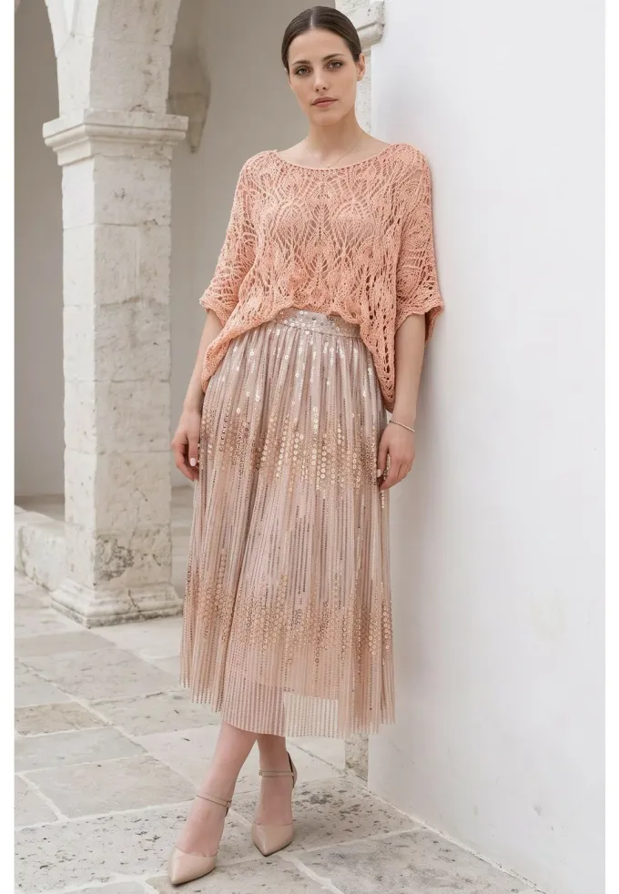 Fusta midi din paiete soft peach