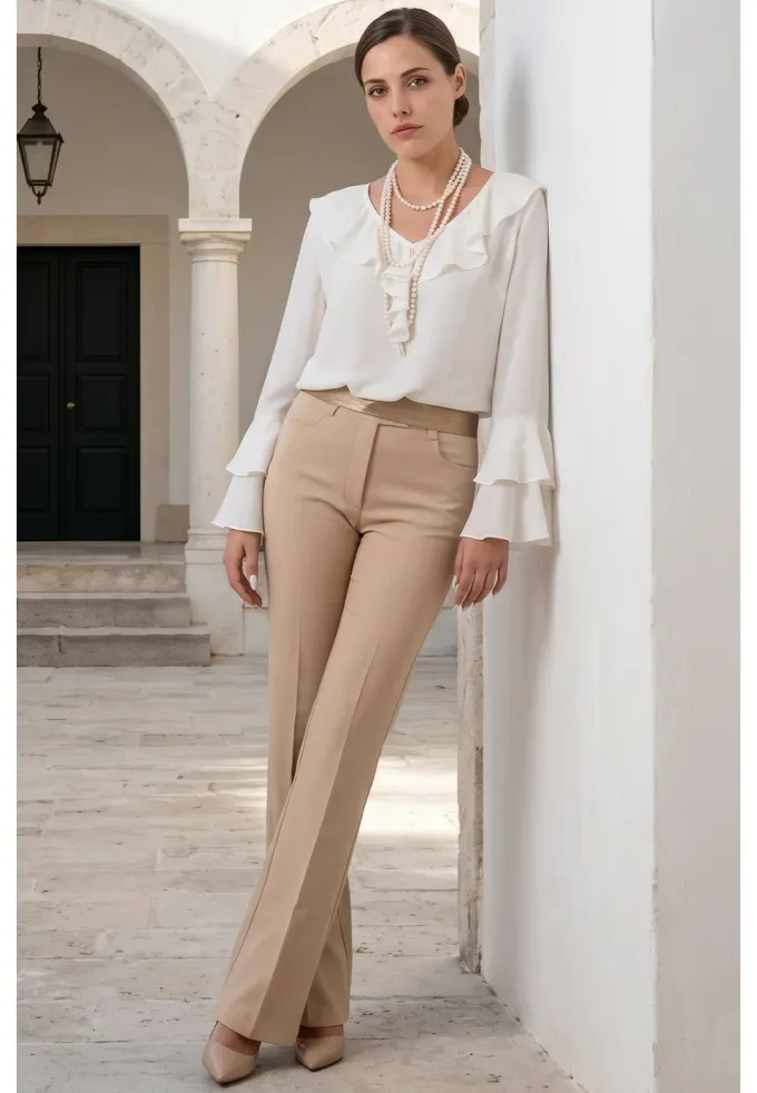 Pantalon drept cream chic din stofa cu elastan