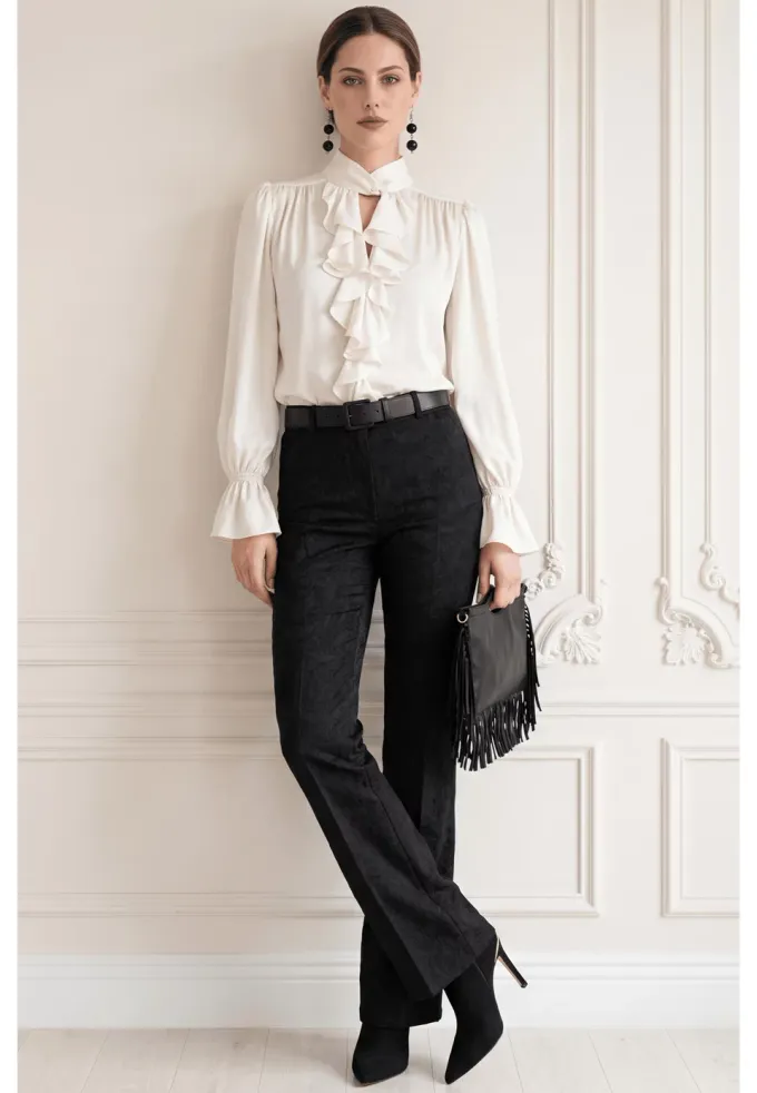 Pantalon elegant evazat din brocard negru