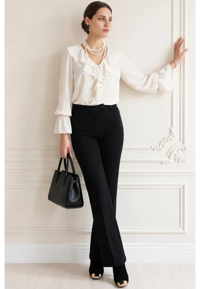 Pantalon elegant evazat din stofa cu elastan decorat cu strasuri la buzunare