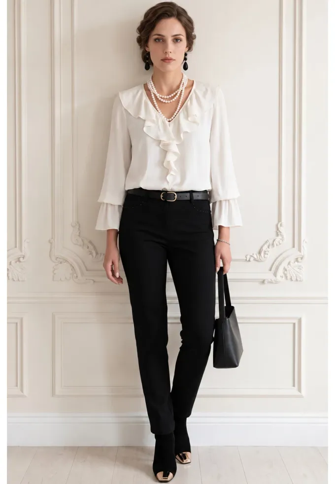 Pantalon elegant skinny strech din stofa cu elastan decorat cu strasuri la buzunare
