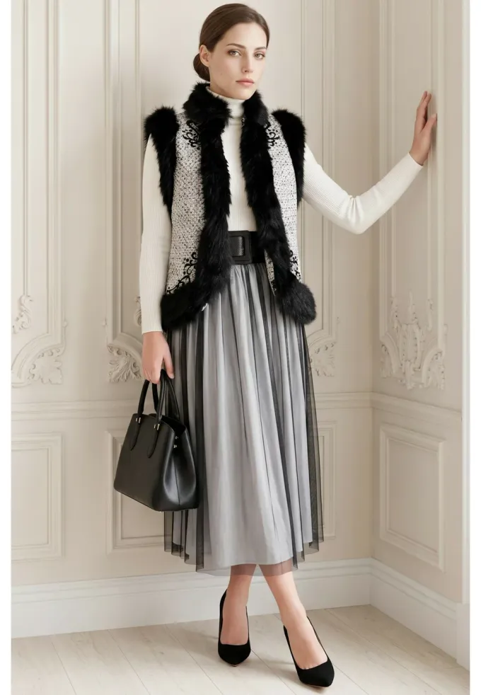 Vesta eleganta din tweed silver cream cu broderie si contur din blana