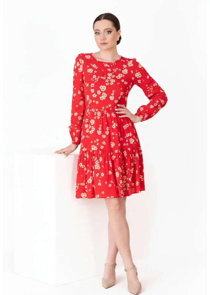Rochie A line rosu coral daisy
