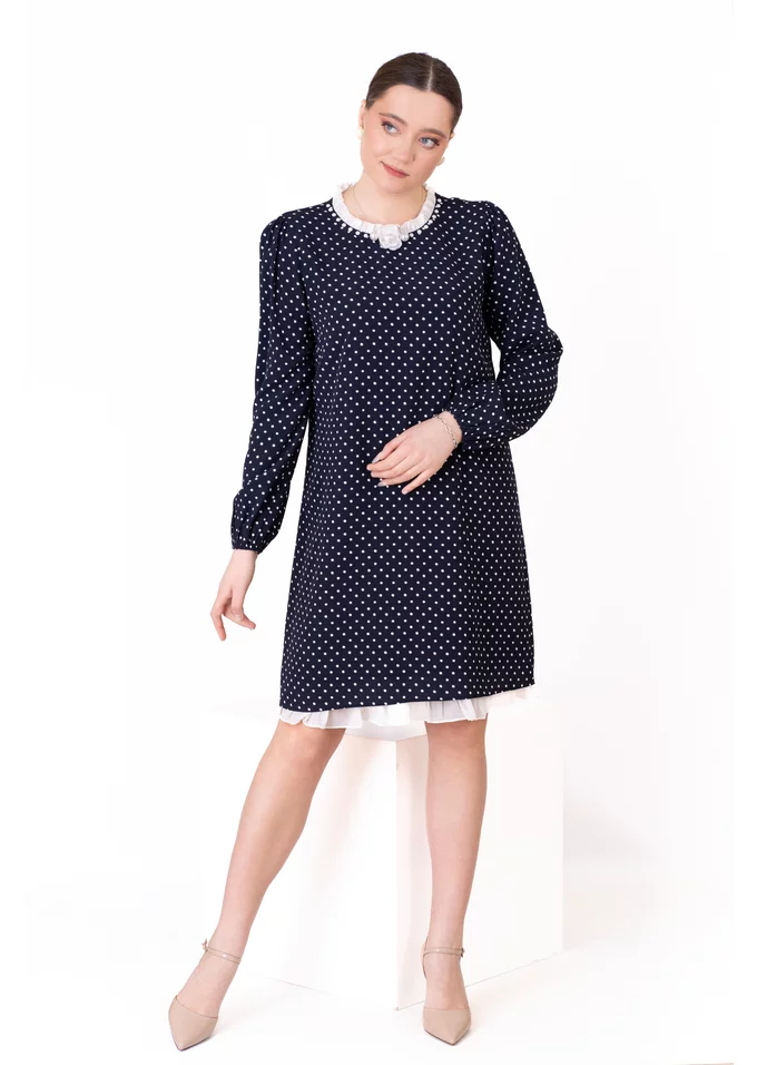 Rochie A line cream dots din vascoza decorata cu floare si perle