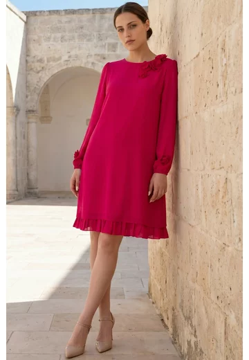 Rochie a line din voal ciclam cu detalii florale