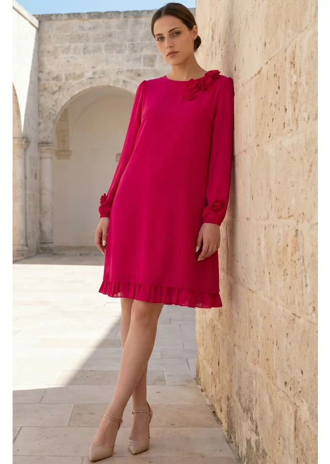 Rochie a line din voal ciclam cu detalii florale