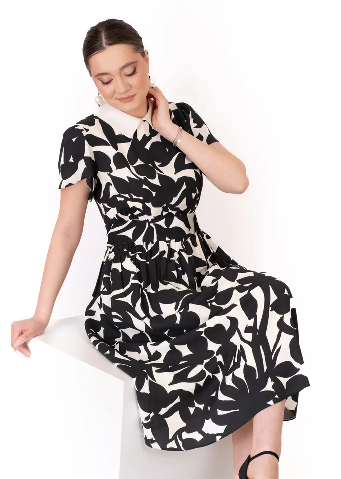 Rochie abstract leaf din vascoza cu guler crem