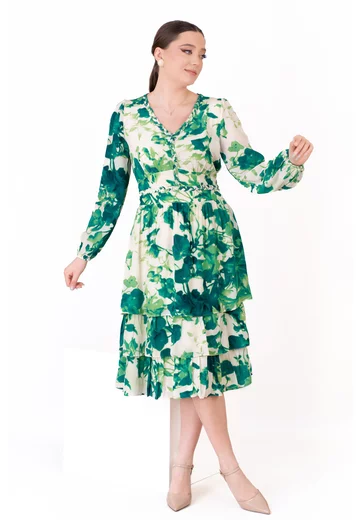 Rochie aqua green cu volanase din vascoza cu print abstract