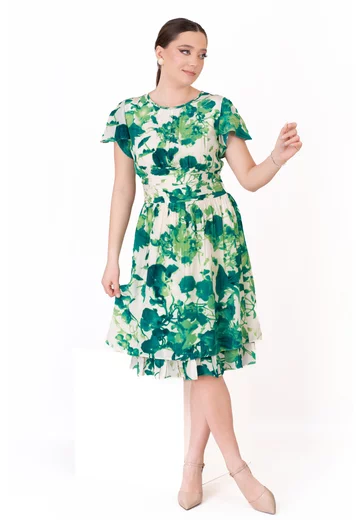 Rochie aqua green din vascoza cu print abstract